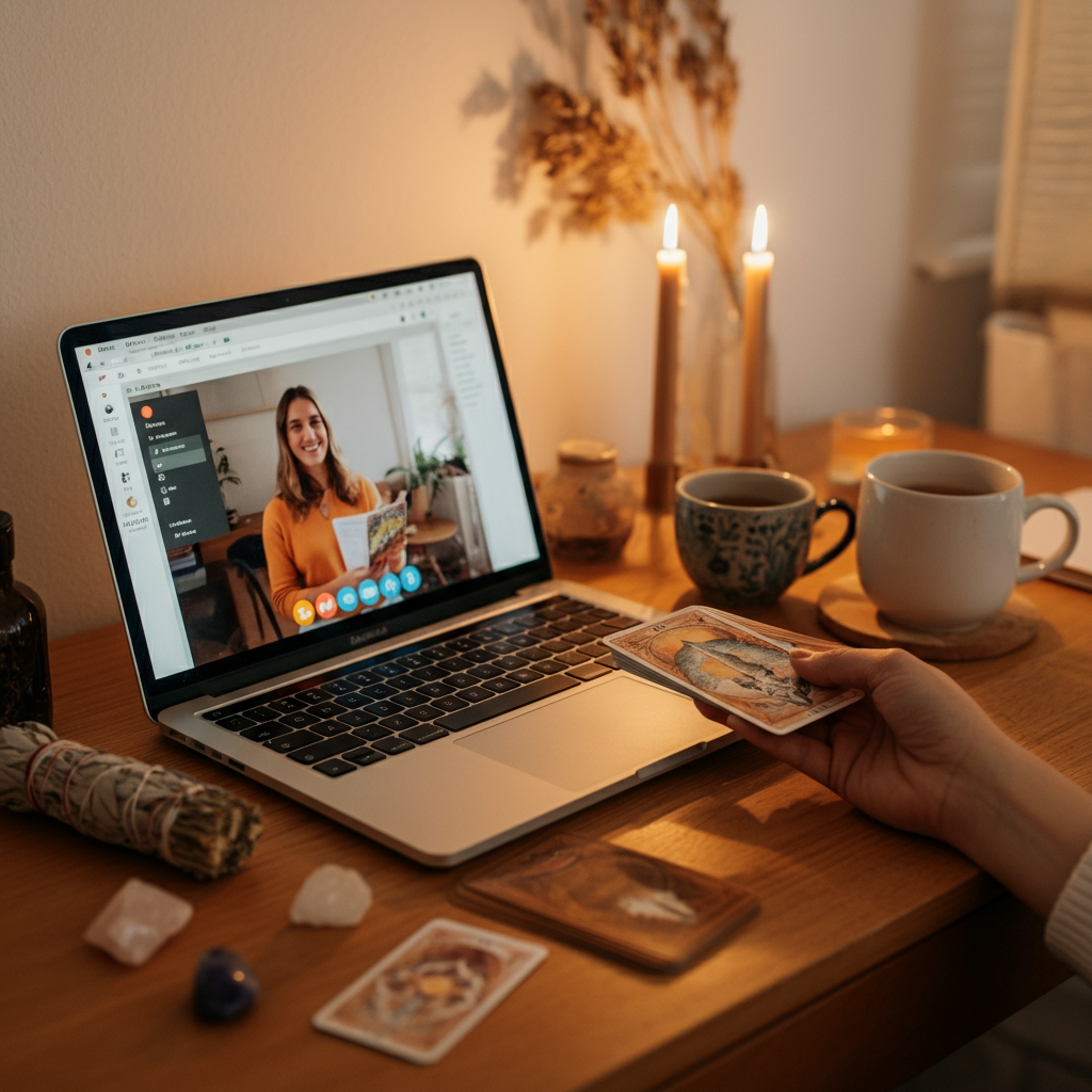 A spiritual coaching session in progress, featuring a laptop video call, tarot cards, crystals, and candles—symbolizing intuitive mentorship and psychic development