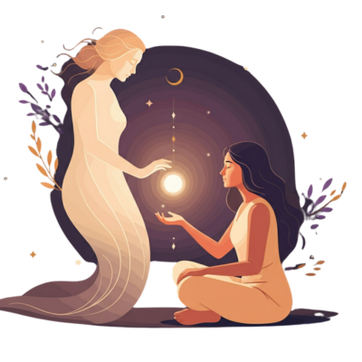 An ethereal figure communicating with a glowing celestial spirit, representing connection with spirit guides and spirit babies