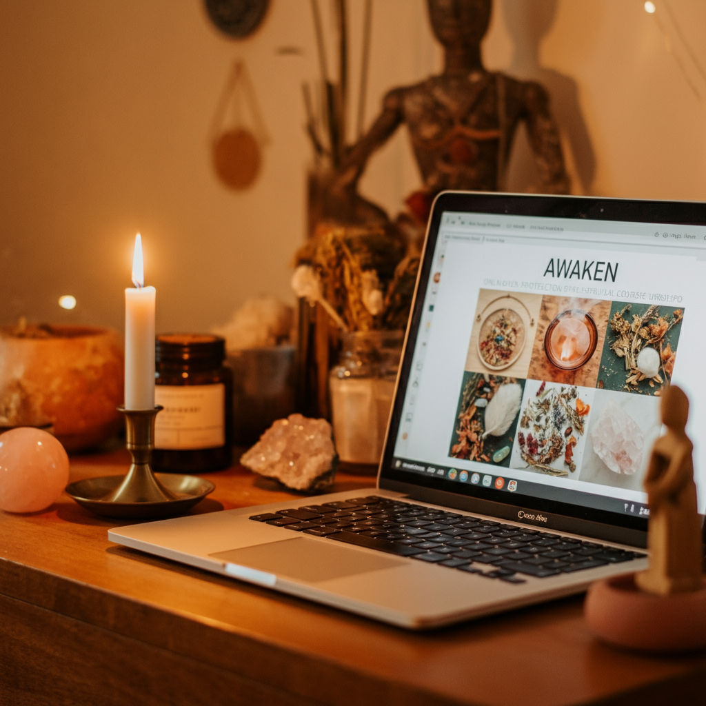Mystical workspace with a laptop, candles, and spiritual tools—representing Align With Rosie’s AWAKEN Course for intuitive empowerment.