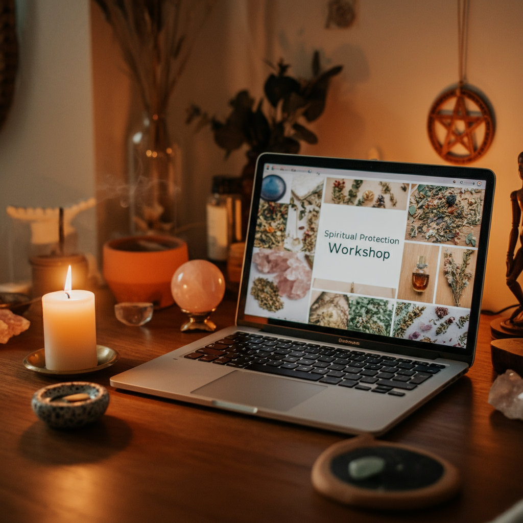 Intuitive learning space with a laptop, candles, and spiritual tools – the perfect environment for psychic development and connecting with the spirit realm