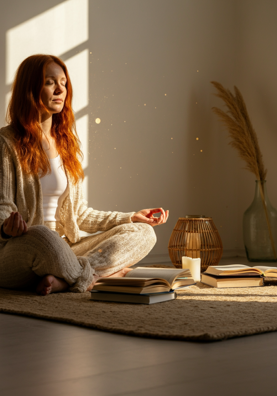 A woman meditating in a softly lit room, surrounded by candles, books, and natural elements—symbolizing spiritual alignment, intuition, and inner wisdom with Align With Rosie.