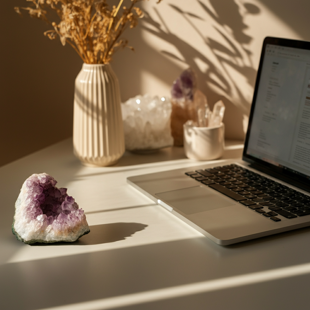 Sacred workspace for intuitive development – a laptop, healing crystal, and dried flowers create a peaceful setting for Akashic Records readings and spiritual awakening