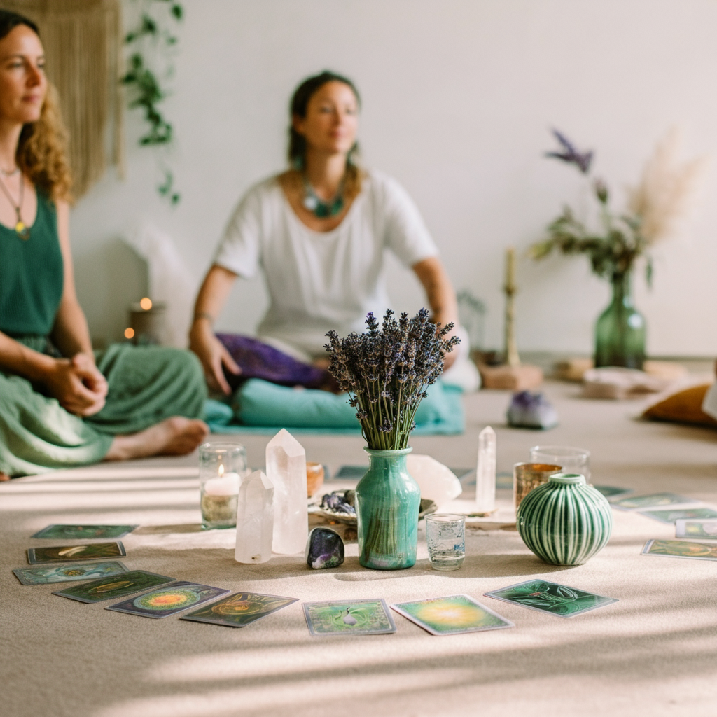 A woman in a spiritual ceremony with tarot cards and crystals, symbolizing intuitive development and soul-aligned community support